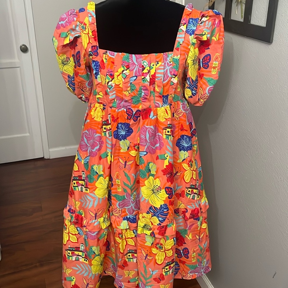 Disney Bright Orange Floral & Butterfly Midi Dress with Puff Sleeves - Picture 2 of 13